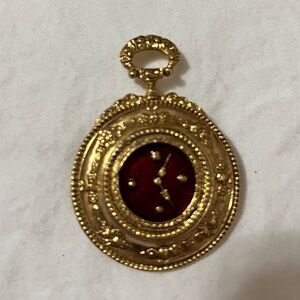 Vintage Pocket Watch Style Gold Tone Brooch Red Cabochon Victorian Style